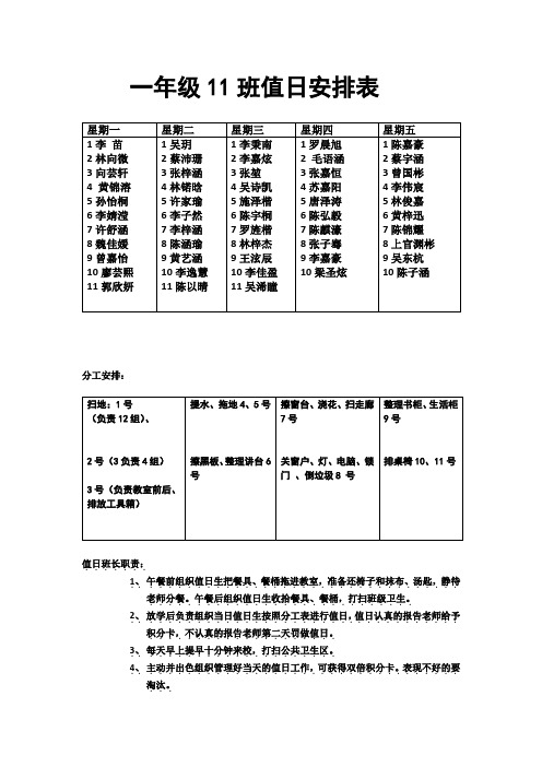 一年级11班值日安排表