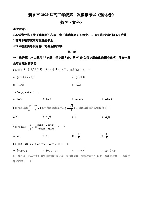 2020届河南省新乡市高三第二次模拟数学(文科)试题(原卷版)