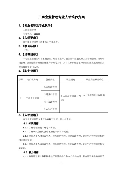 高职工商企业管理专业人才培养方案