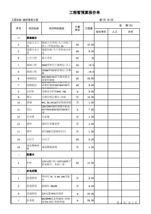 庭院工程暂预算报价单(龙威景观)