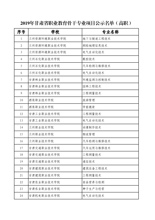 2019年甘肃省职业教育骨干专业项目公示名单(高职)