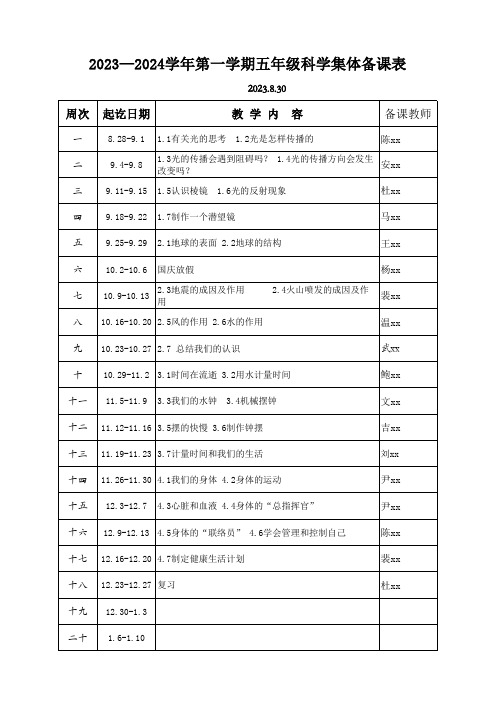 教科版五年级科学上册教案集体备课表