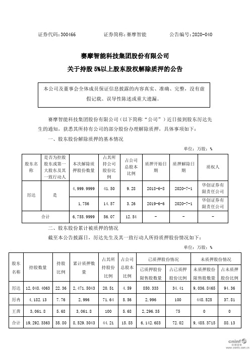 赛摩智能：关于持股5%以上股东股权解除质押的公告