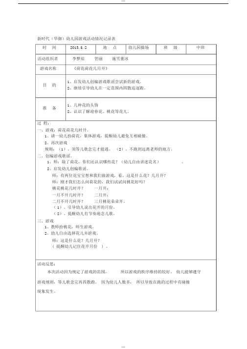 13年5月份中班新时代(华御)幼儿园游戏活动情况记录表