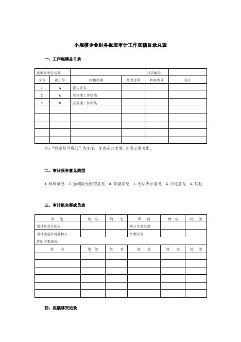 小企业财务报表审计工作底稿汇总表(doc 2页)