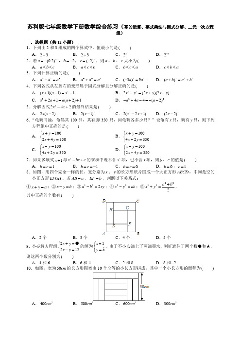 苏科版七年级数学下册数学综合练习(幂的运算、整式乘法和因式分解、二元一次方程组)(含答案)