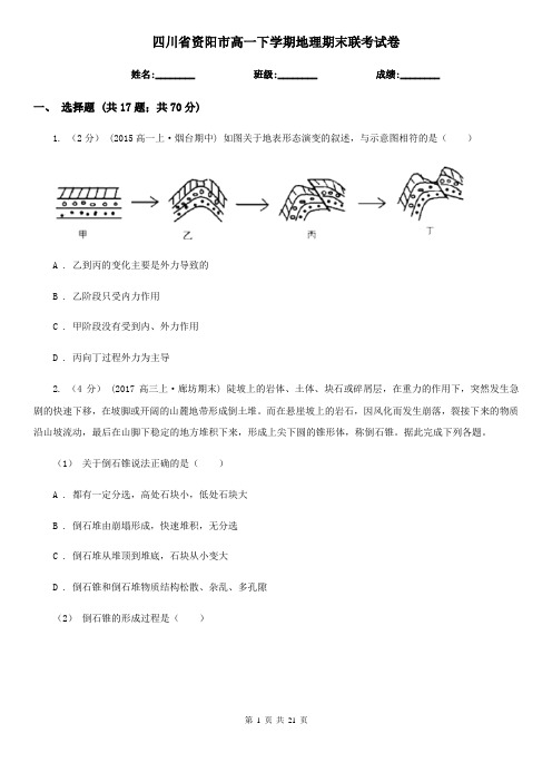 四川省资阳市高一下学期地理期末联考试卷