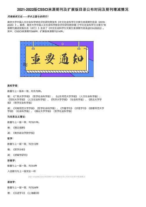 2021-2022版CSSCI来源期刊及扩展版目录公布时间及期刊增减情况