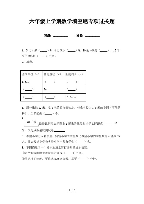 六年级上学期数学填空题专项过关题