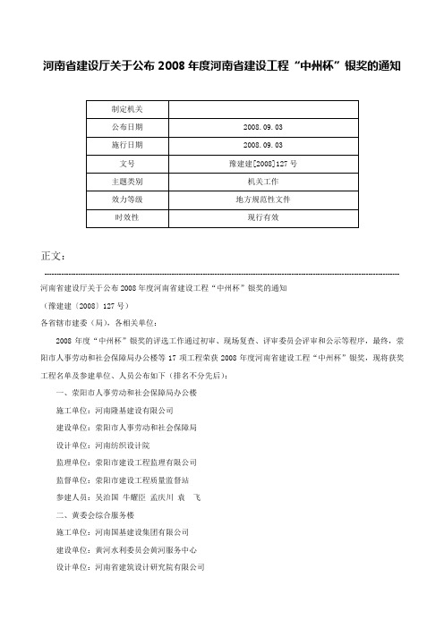 河南省建设厅关于公布2008年度河南省建设工程“中州杯”银奖的通知-豫建建[2008]127号