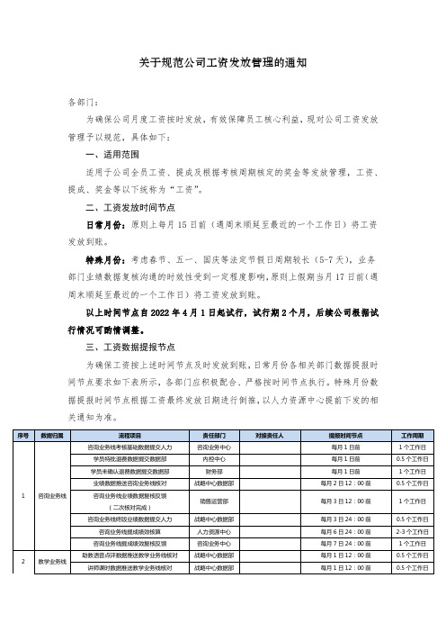 关于规范公司工资发放管理的通知