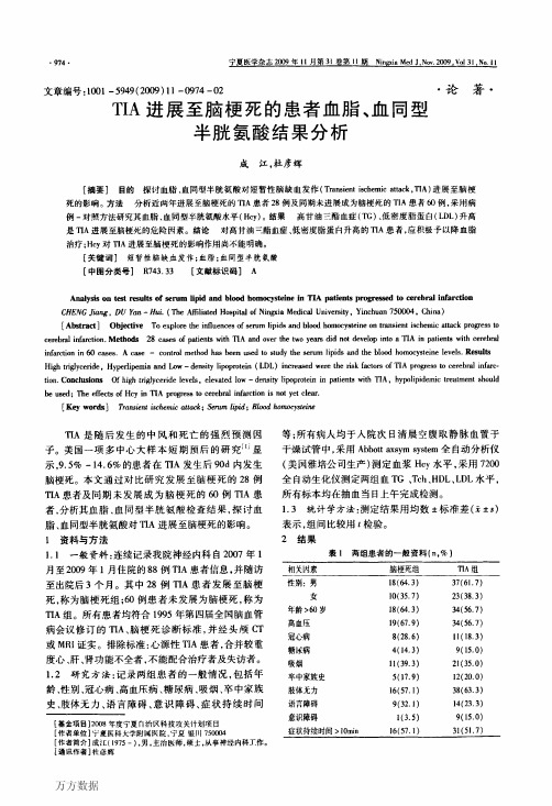 TIA进展至脑梗死的患者血脂、血同型半胱氨酸结果分析