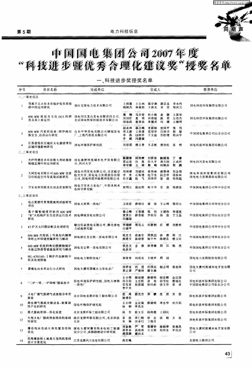 中国国电集团公司2007年度“科技进步暨优秀合理化建议奖”授奖名单