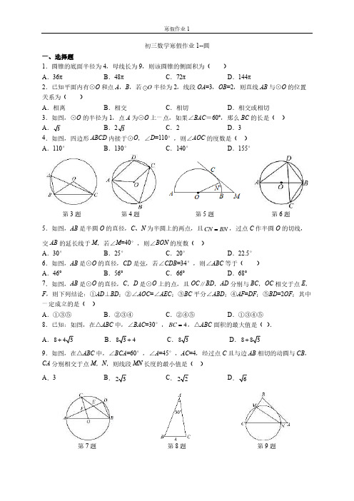 必做部分-初三数学寒假作业1-9