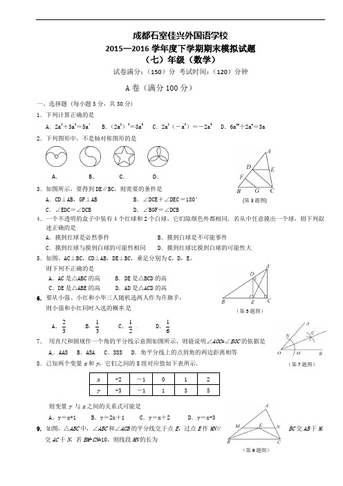 四川省成都市石室佳兴外国语学校2015-2016学年七年级期末模拟数学试题