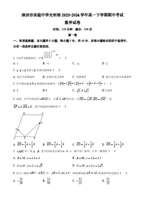 广东省深圳市实验中学光明部2023-2024学年高一下学期期中考试数学试卷(含简单答案)