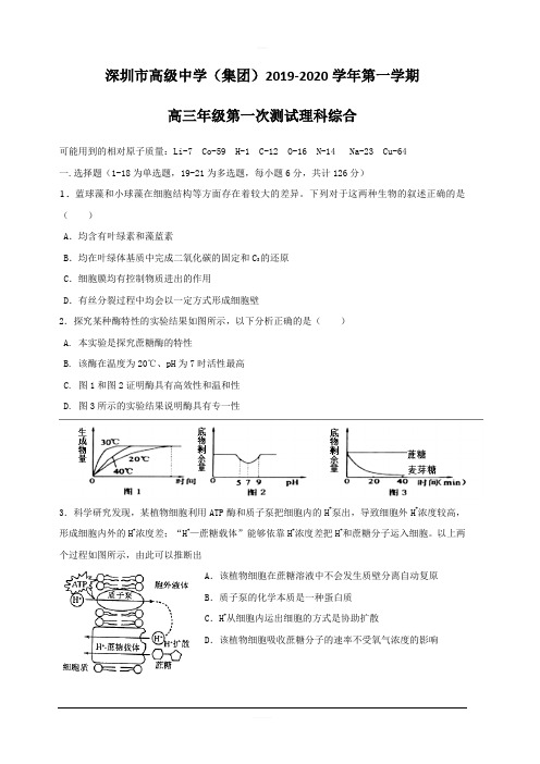 广东省深圳市高级中学2020届高三上学期第一次测试理科综合试题 含答案