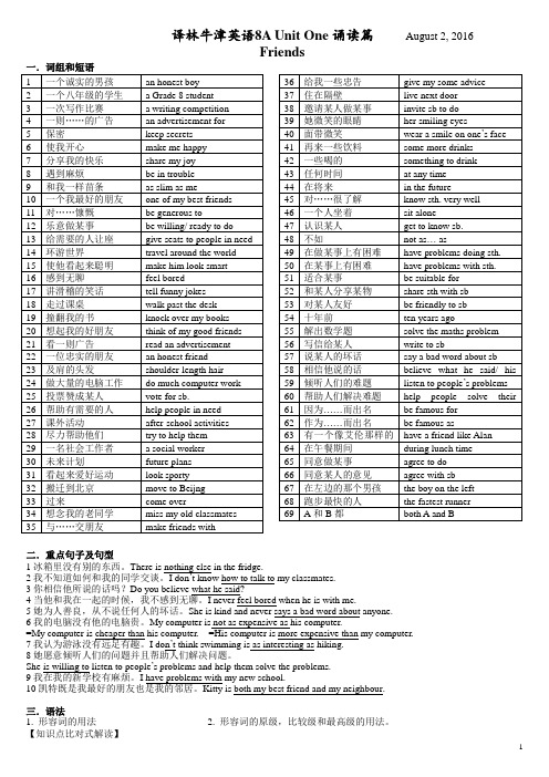 自编版最新译林牛津8A UNIT1 Friends所有知识点