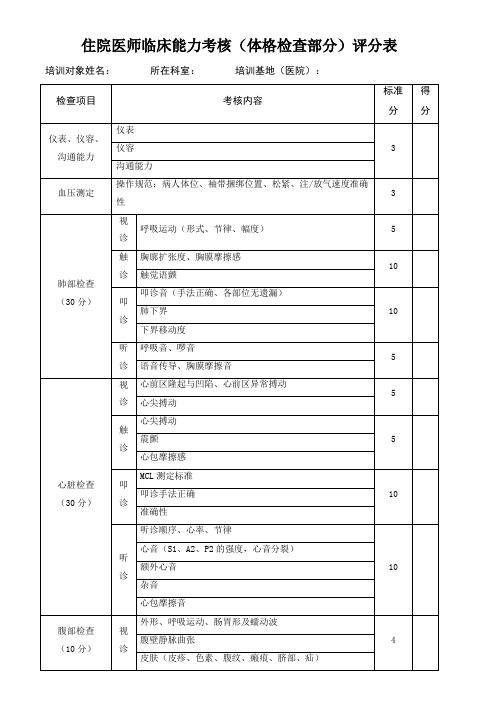 住院医师临床能力考核(体格检查部分)评分表(医院医生用表)