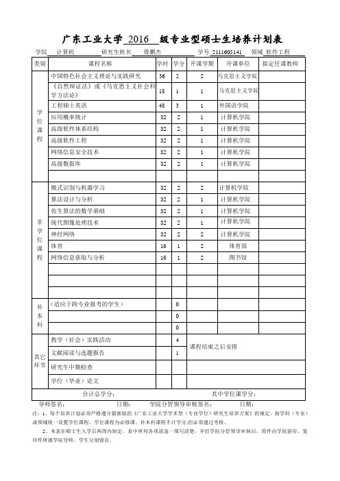 广东工业大学博士(硕士)研究生培养计划表_毋鹏杰(软专)