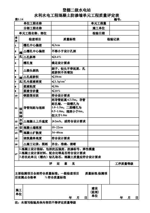 表1.14 混凝土防渗墙单元工程质量评定表1