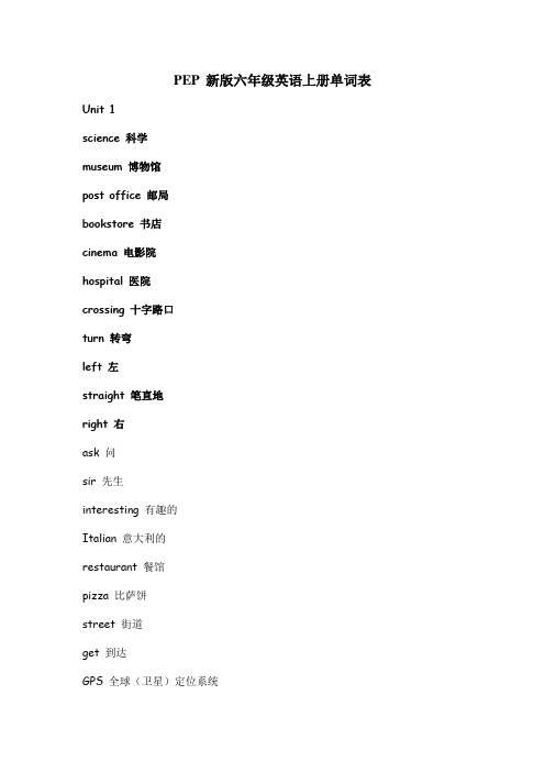 PEP 新版六年级英语上册单词表