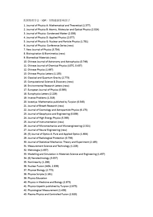 英国物理学会(IOP)刊物最新影响因子