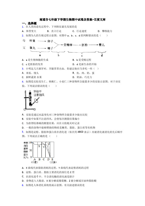 南通市七年级下学期生物期中试卷及答案-百度文库