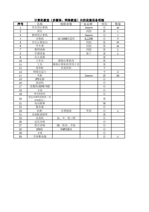 计算机教室(多媒体、网络教室)内的设施设备明细