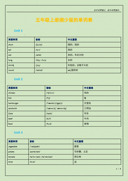 五年级上册湘少版单词表