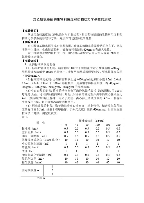 对乙酰氨基酚的生物利用度和药物动力学参数的测定