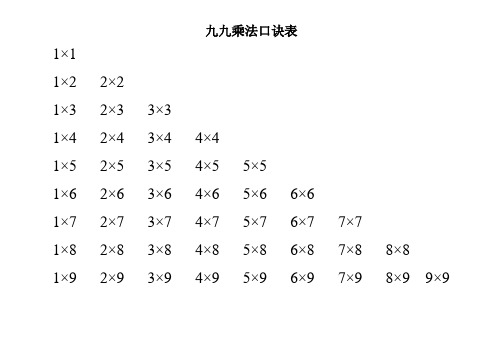 九九乘法口诀表练习版无答案(全word打印版)