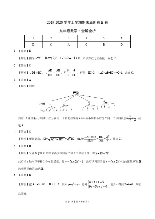 2019-2020学年九年级数学上学期期末原创卷B卷(江苏)(全解全析)