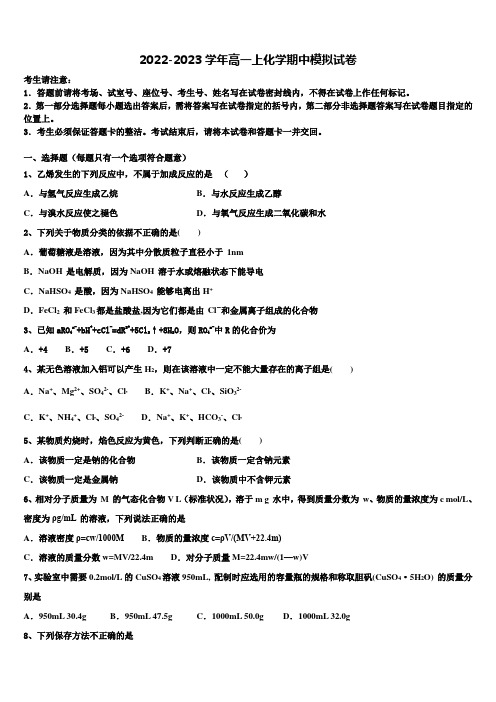 2023届上海实验学校高一化学第一学期期中达标测试试题含解析