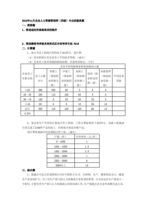 11月四级人力资源管理师考试试题(操作题)