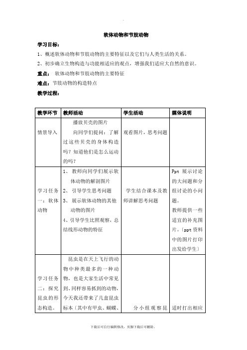 人教版生物八年级上册 5.1.3《软体动物和节肢动物》 教案