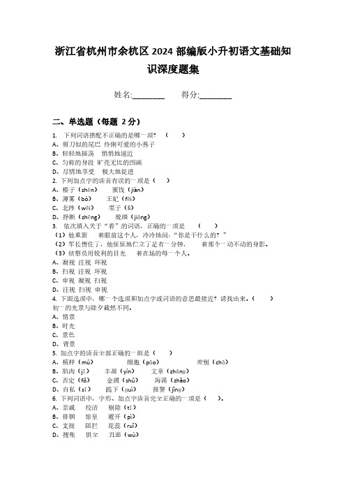 浙江省杭州市余杭区2024部编版小升初语文基础知识深度题集