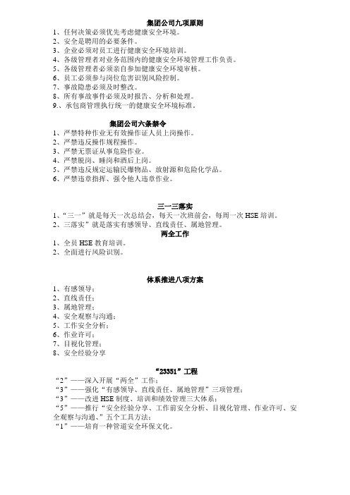 9项原则、6条禁令、三一三落实与两全工作、八项方案、23351、金规铁律工程