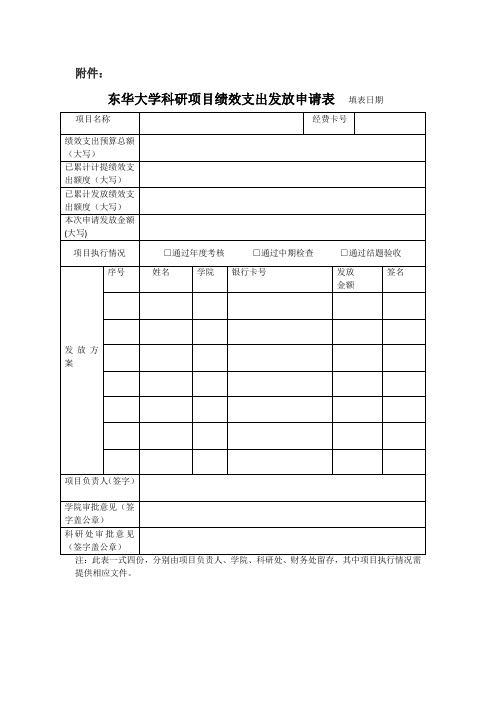 东华大学科研项目绩效支出发放申请表