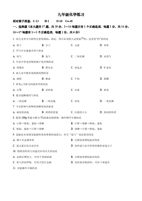 2023上海崇明区中考初三一模化学试题及答案