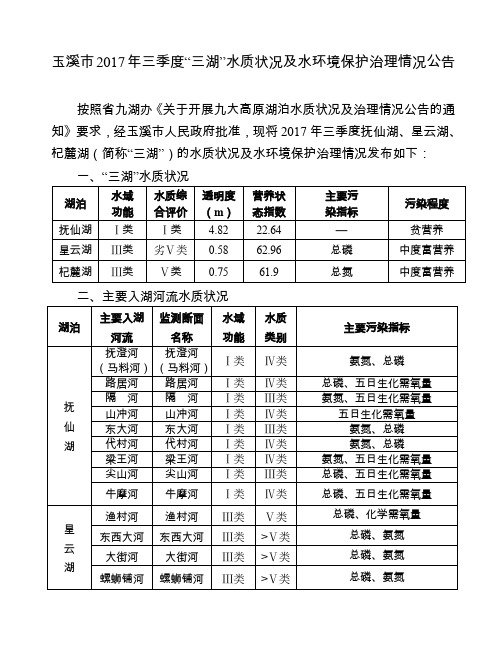 玉溪市2017年三季度三湖水质状况及水环境保护治理情况