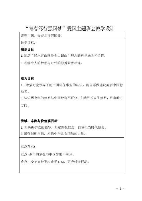 班会课《青春笃行强国梦》“金山银山不如绿水青山”小学段通用爱国主题班会课教学设计