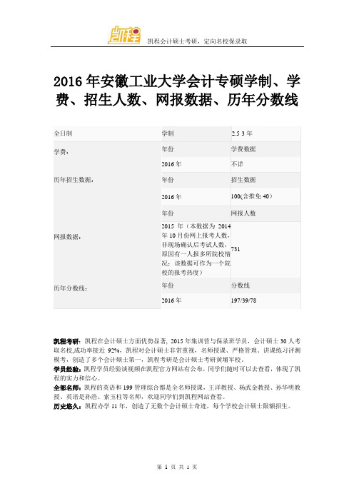 2016年安徽工业大学会计专硕学制、学费、招生人数、网报数据、历年分数线