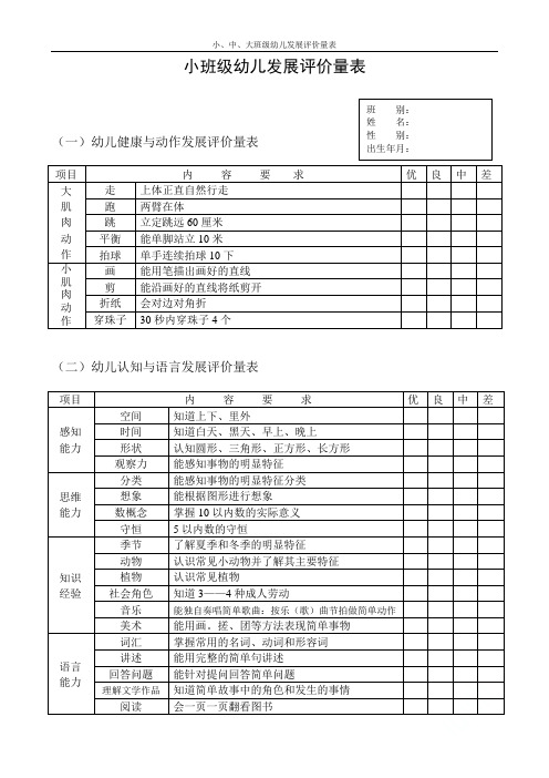 小、中、大班级幼儿发展评价量表