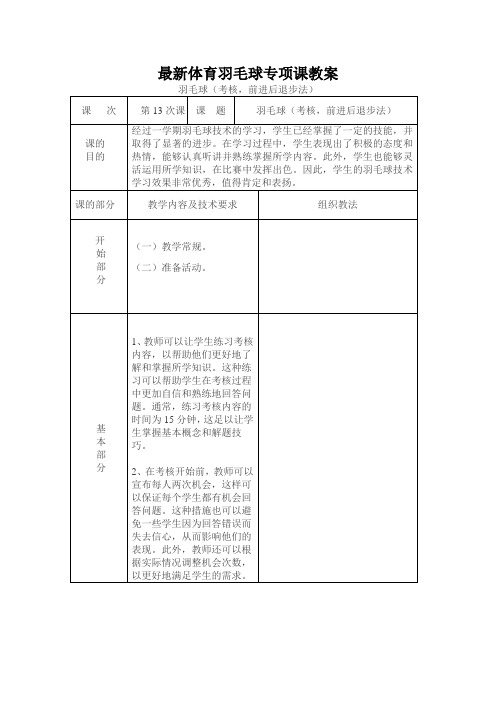 最新中学体育羽毛球专项课教案羽毛球(考核,前进后退步法)