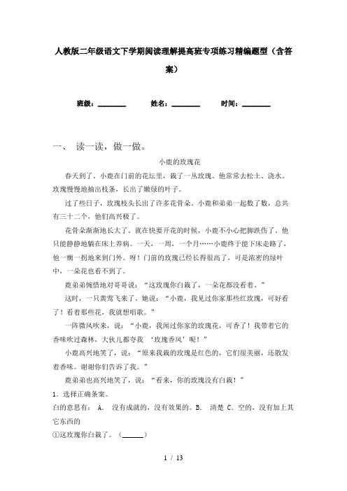 人教版二年级语文下学期阅读理解提高班专项练习精编题型(含答案)