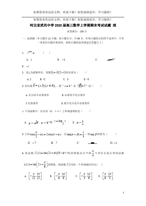 河北省武邑中学2020届高三数学上学期期末考试试题理