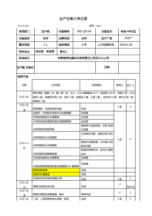 企业设备保养记录台账