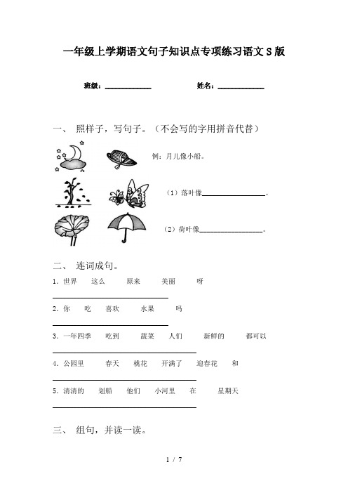 一年级上学期语文句子知识点专项练习语文S版