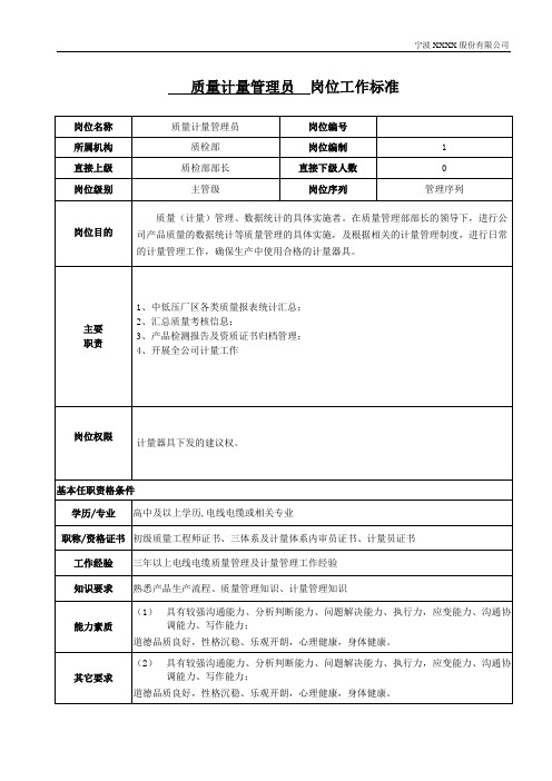 质量计量管理员岗位职责及岗位工作标准